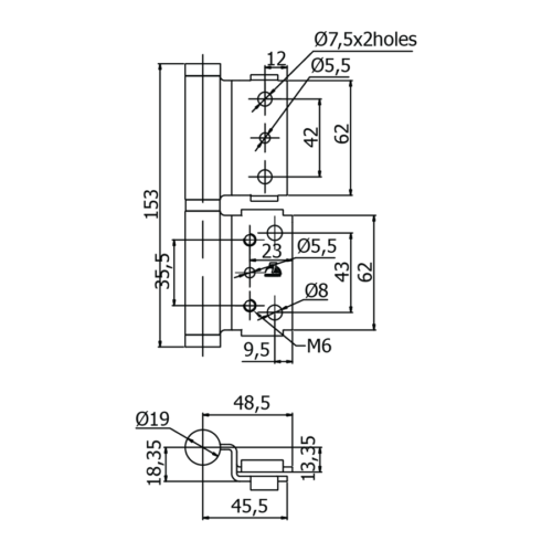 Hình ảnh bản vẽ kỹ thuật bản lề inox 304 cối 15