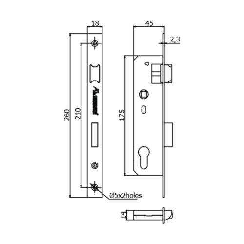 Hình ảnh bản vẽ thân khóa vĩnh cửu inox tay lượn đơn điểm