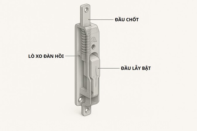 Cấu tạo chốt bật cửa nhôm gồm thân khóa, lẫy bật và lò xo hoạt động linh hoạt.