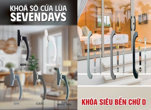 Khoá cửa nhôm lùa cao cấp Sevendays – Giải pháp chính hãng cho đại lý & dự án Bộ sưu tập khóa cửa nhôm lùa Sevendays – chữ D, khoá sò Cafe, Trắng, Xám, Đen