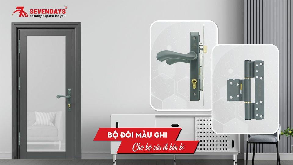 BỘ ĐÔI KHÓA SIÊU BỀN & BẢN LỀ LÁ 3D MÀU GHI CHO BỘ CỬA ĐI BỀN BỈ Bộ đôi màu Ghi cho bộ cửa đi bền bỉ
